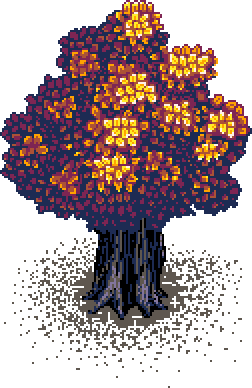 Small plain tree rooted in soft mud, leaves wilted and fading at the far left edge of the trail in the Autumn Garden