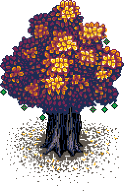 First partial blossoming chestnut tree, with wilted leaves, poking in at left edge, directly above the '16 Colours' info box in Autumn Garden