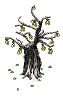 First plain winter tree with wilted leaves at base, standing far right, raised tallest in upper forest band, above the 'Destructive Elements' info box in Winter Garden