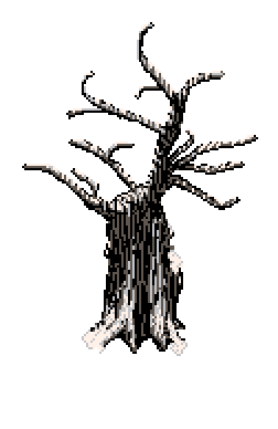 Nude winter tree with snow-covered branches, with a single pink flower standing solemn and still in the snow, offset right of trail in the Winter Garden