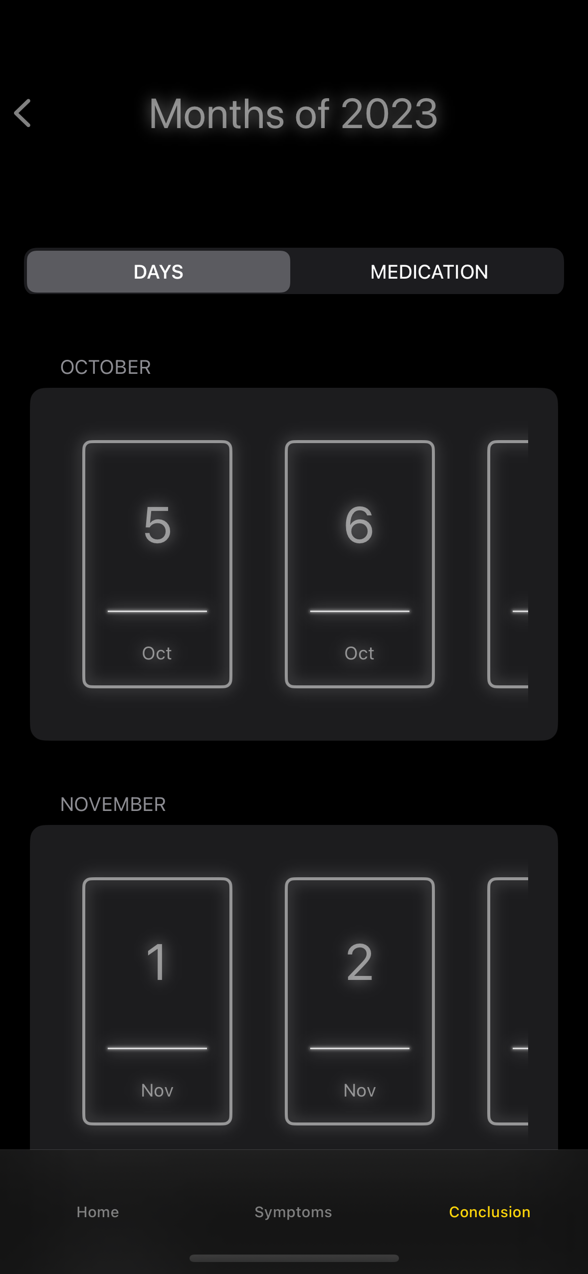 Previous daily records displayed in tiled form and grouped by month
